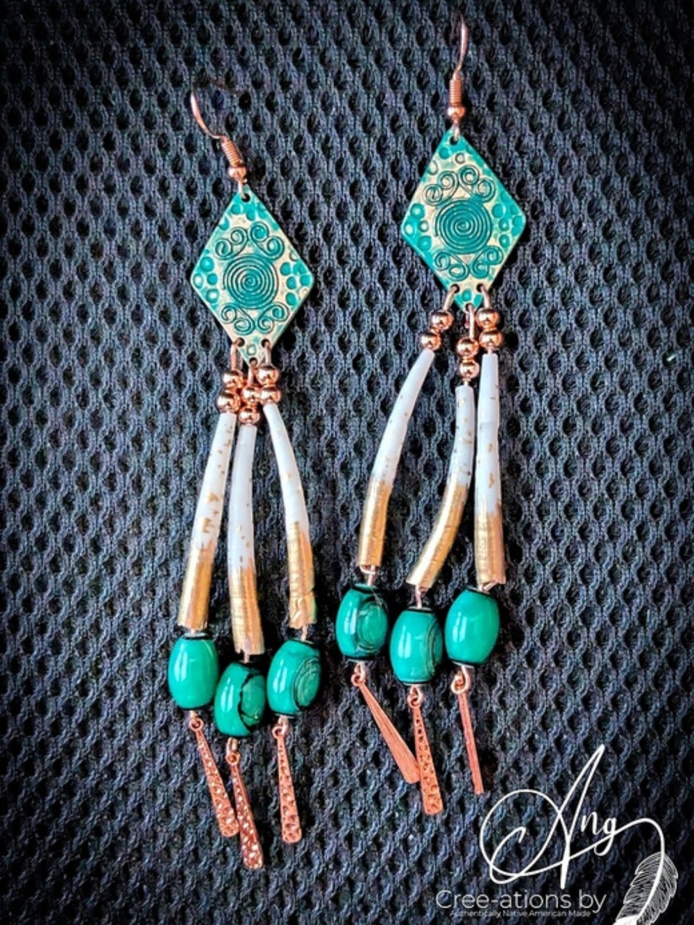 Indigenous Geometric Green Rose Gold Copper & Dentalium Shell Earrings